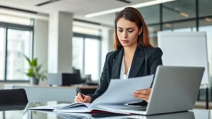 Professional female attorney in business suit reviewing case documents at modern law office desk with laptop, serious analytical expression, natural lighting through office windows