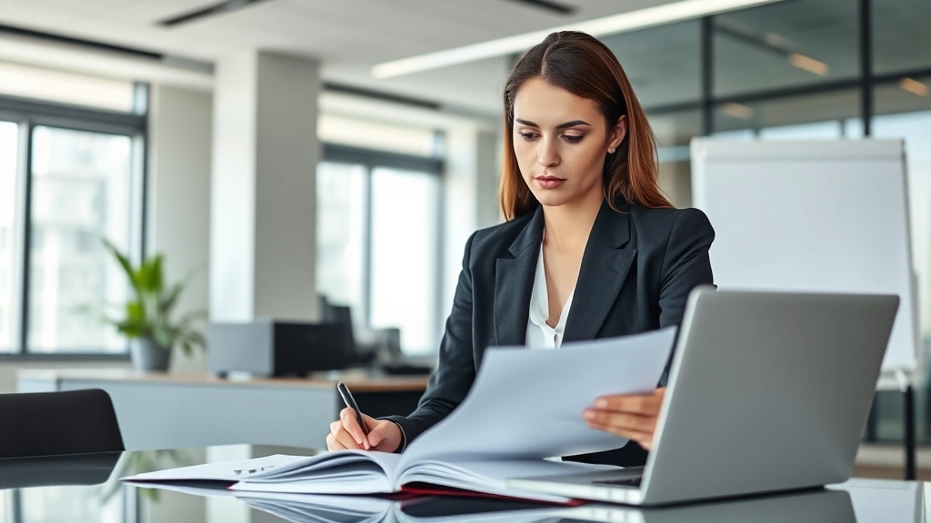 Professional female attorney in business suit reviewing case documents at modern law office desk with laptop, serious analytical expression, natural lighting through office windows