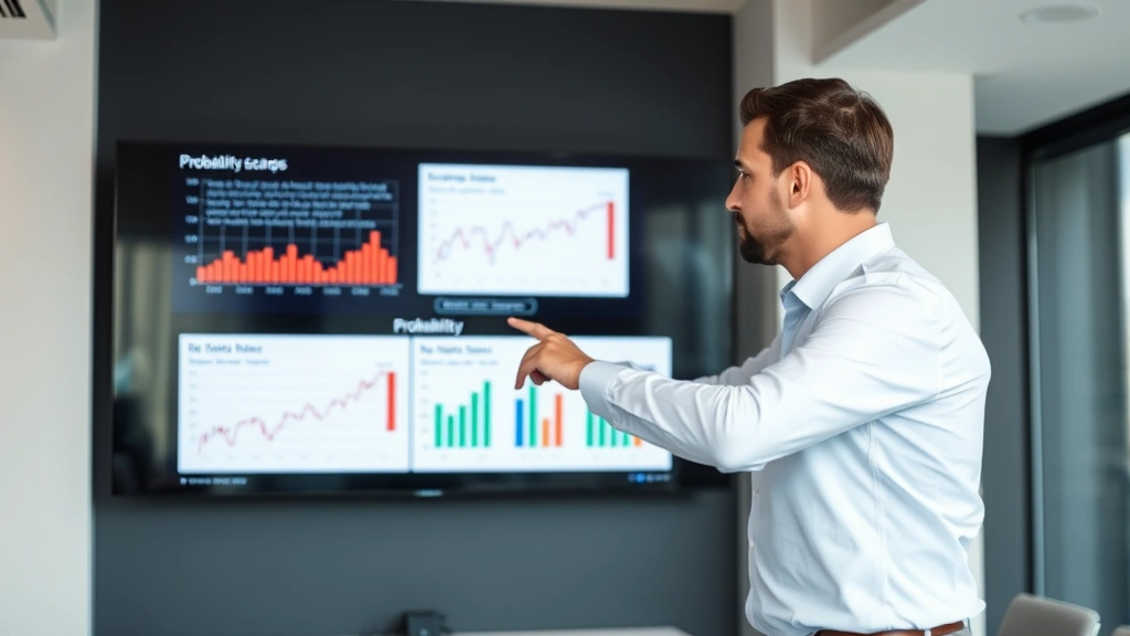 Male financial expert or economist presenting data analysis on large monitor in professional conference room, pointing at probability charts and conditional scenarios, business casual attire