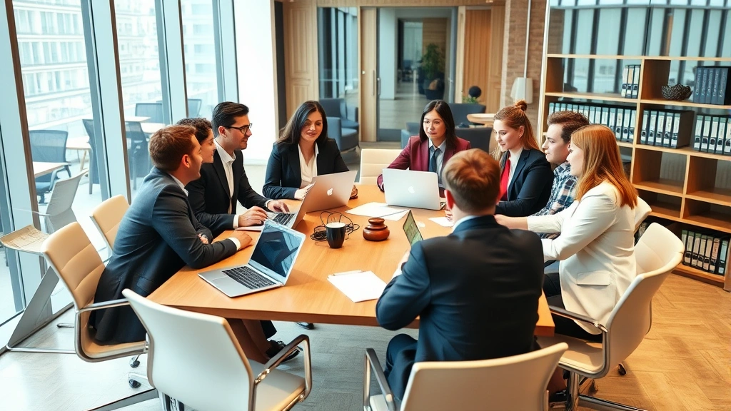 Diverse legal team in modern law firm conference room around table with laptops and documents, discussing case strategy and risk assessment, collaborative professional environment