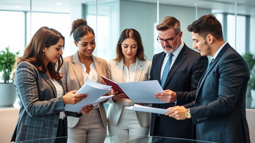Diverse group of five attorneys in professional attire having collaborative discussion in modern conference room with glass walls, reviewing legal documents and folders with serious focused expressions