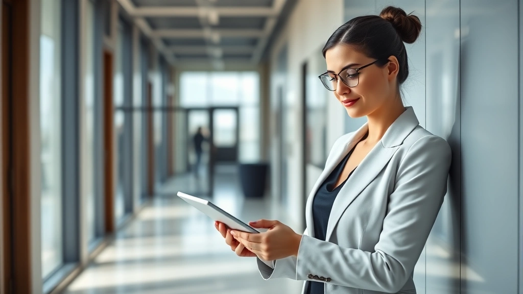 Confident female attorney with tablet reviewing case files in contemporary law office hallway with minimalist design, professional appearance, natural lighting from large windows