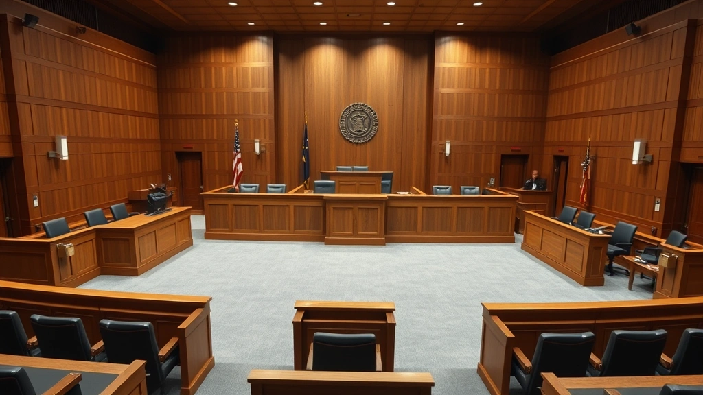 Professional Canadian courtroom with judges bench, witness stand, and wooden furnishings under formal lighting, empty of people