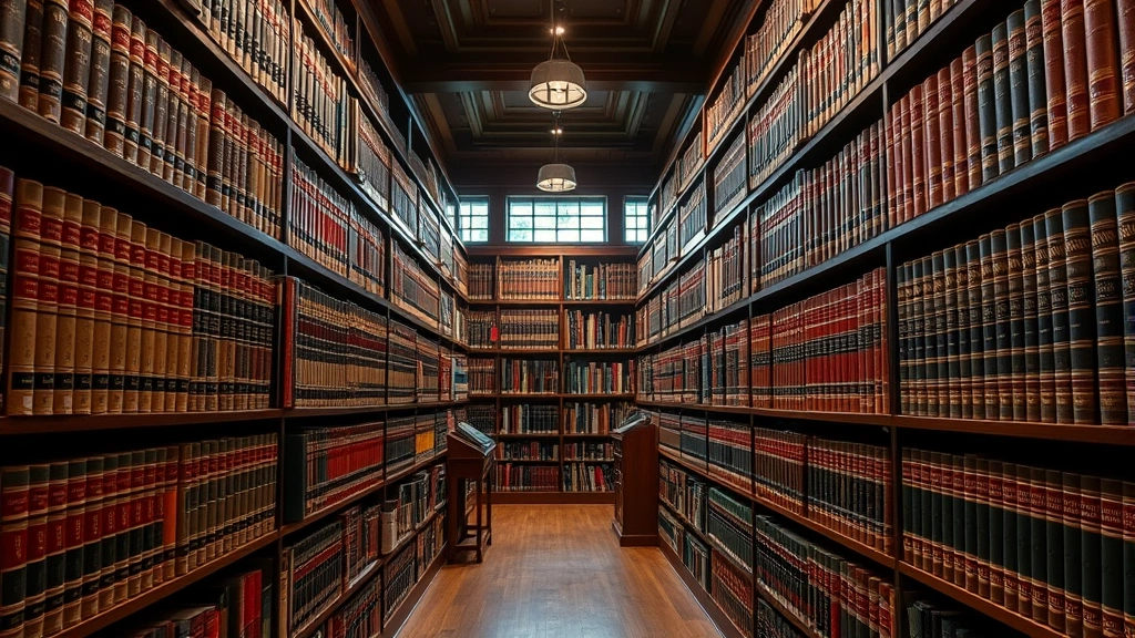 Modern law library with floor-to-ceiling legal books, case reporters, and leather-bound volumes organized by subject matter