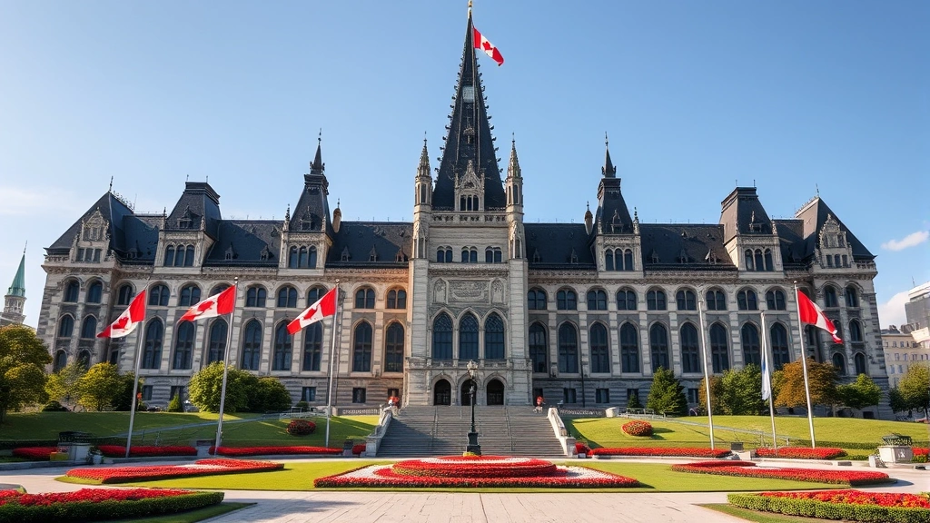 Canadian Parliament building exterior in Ottawa with gothic architecture, manicured grounds, and Canadian flags, daytime professional photography