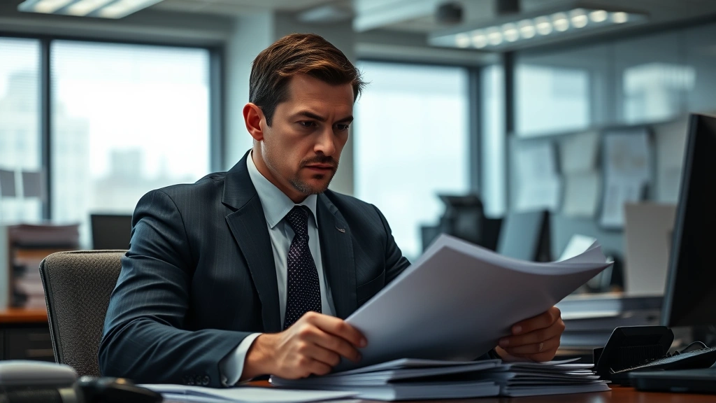 Professional male detective in suit and tie reviewing case files at desk in modern police precinct bullpen, serious focused expression, natural lighting from office windows, realistic contemporary law enforcement setting