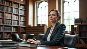 Professional woman in business attire sitting at university law library desk surrounded by law books and legal documents, thoughtful expression, natural lighting through tall windows, photorealistic, professional environment
