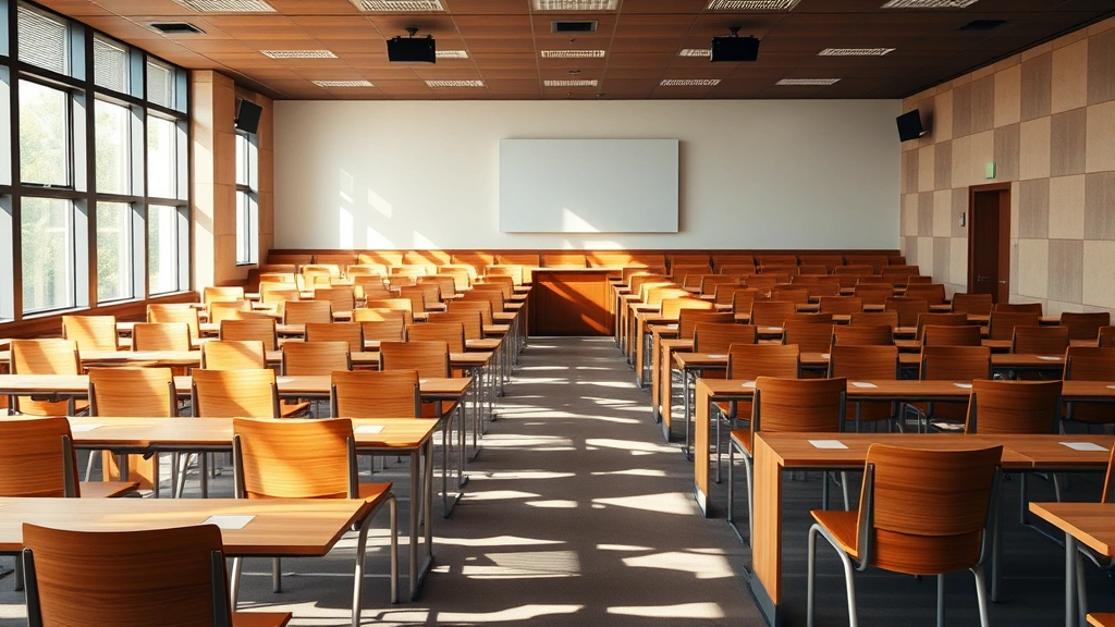 Law classroom lecture hall with wooden desks and chairs, modern university setting, empty seats facing toward front of room, morning sunlight streaming through windows, professional academic atmosphere