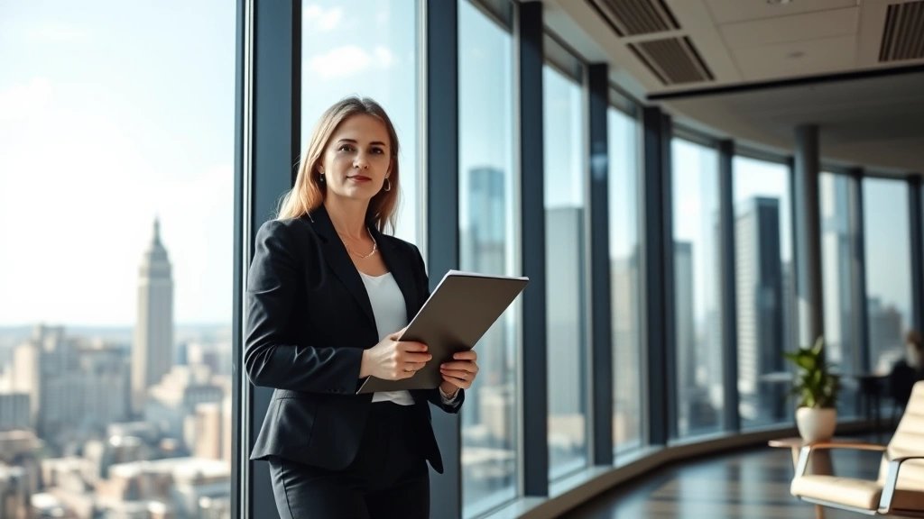 Female legal professional standing in modern law office with floor-to-ceiling windows overlooking city skyline, holding folder, confident posture, contemporary professional workspace, natural daylight