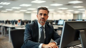 Professional attorney in business attire sitting at a computer workstation in a modern testing center, concentrated expression, multiple rows of individual testing stations visible in background, neutral lighting