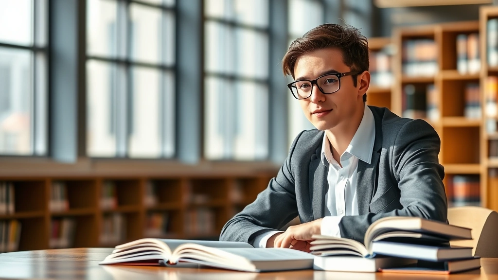 Professional law student studying at library desk with law books, focused and determined expression, natural lighting from windows, wearing business casual attire