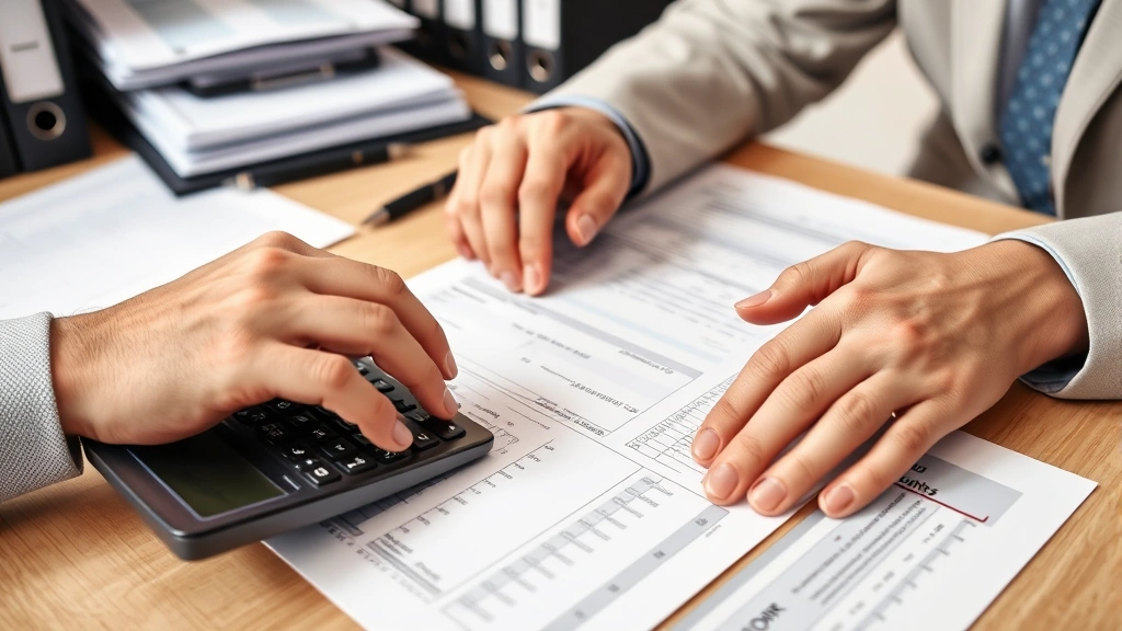Close-up of hands reviewing financial documents and loan papers on desk with calculator, organized workspace with folders and pen, professional setting