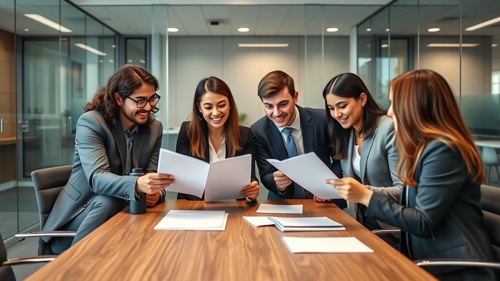 Diverse group of young attorneys in law office conference room reviewing documents together, collaborative environment with modern furniture and glass walls, professional attire