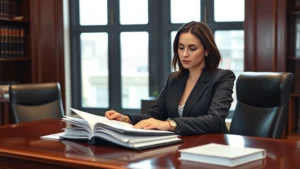 Professional female attorney in business suit reviewing case files at mahogany desk in modern law office, serious expression, natural lighting from large windows, photorealistic