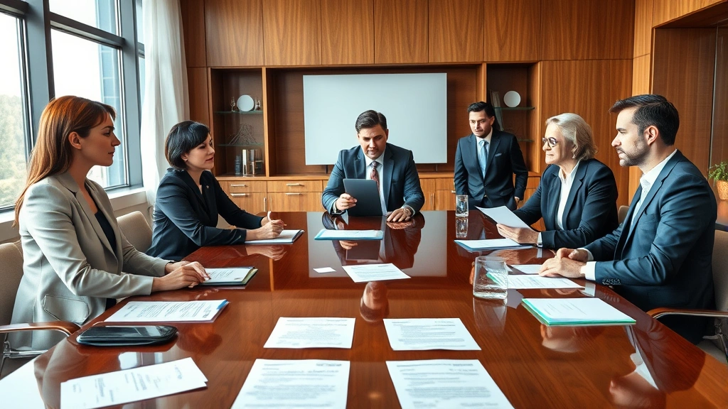 Diverse team of lawyers in conference room discussing strategy around polished wooden table, papers and legal documents spread out, confident professional atmosphere, photorealistic