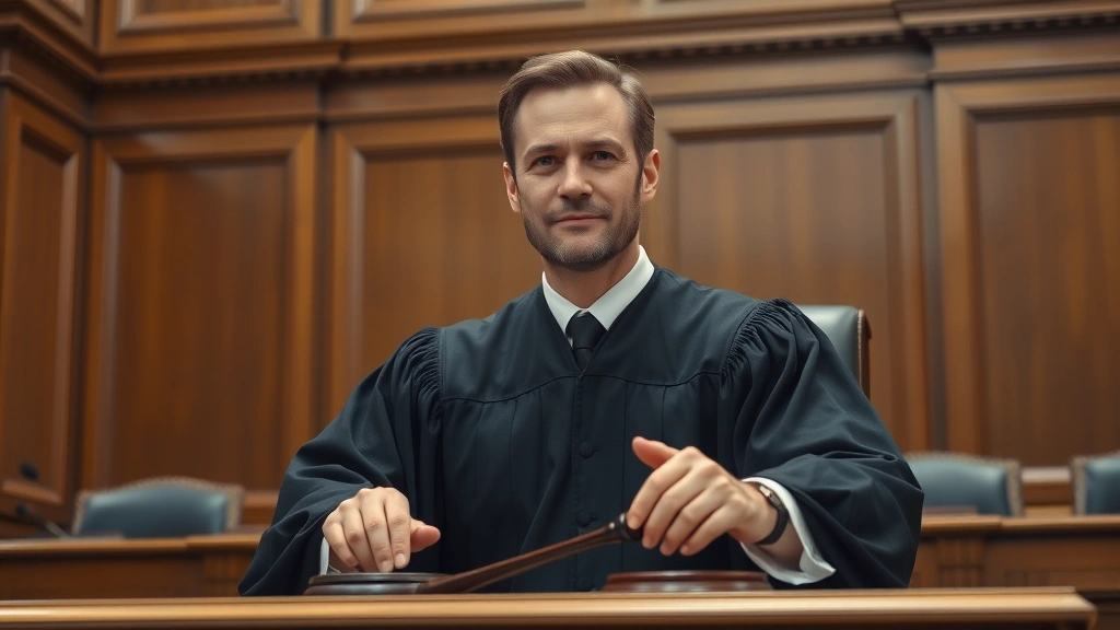 Male judge in black robe at bench in traditional courtroom, gavel visible, dignified expression, formal setting with wood paneling and marble details, photorealistic