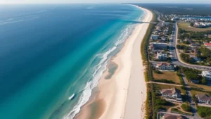 Professional aerial view of pristine sandy beach with clear boundary between developed beachfront homes and natural shoreline, showing coastal property demarcation with calm ocean waters