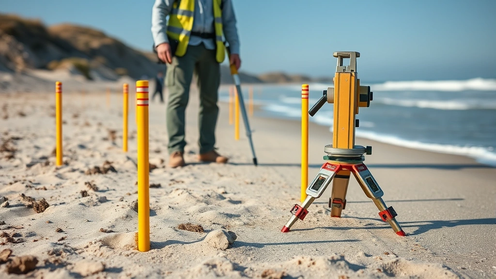 Close-up of surveying equipment and markers on beach sand establishing property boundaries, with surveyor in professional attire working near tide line, professional coastal management setting