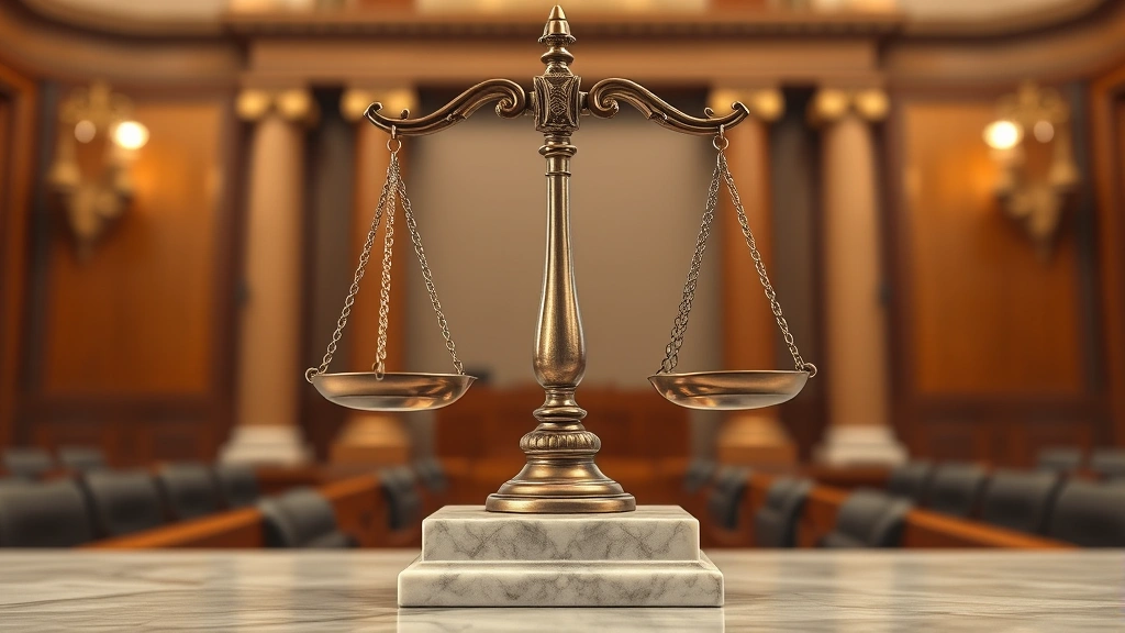Bronze scales of justice in perfect balance on a marble pedestal, bright courtroom lighting, professional legal setting, no text visible, photorealistic detail