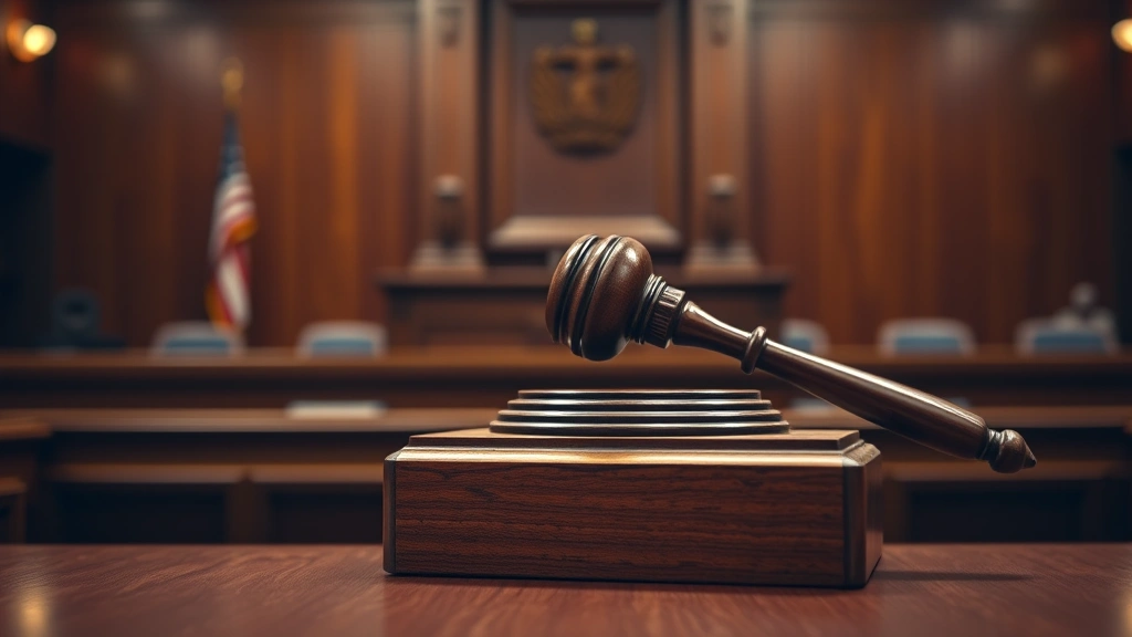 Wooden judge's gavel resting on mahogany block in judicial chamber, soft professional lighting, sharp focus on wood grain texture, no courtroom signage, photorealistic