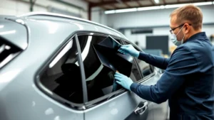 Professional window tinting technician applying dark tint film to a car's rear side window using precision tools and squeegee, showing careful application technique in modern auto shop setting