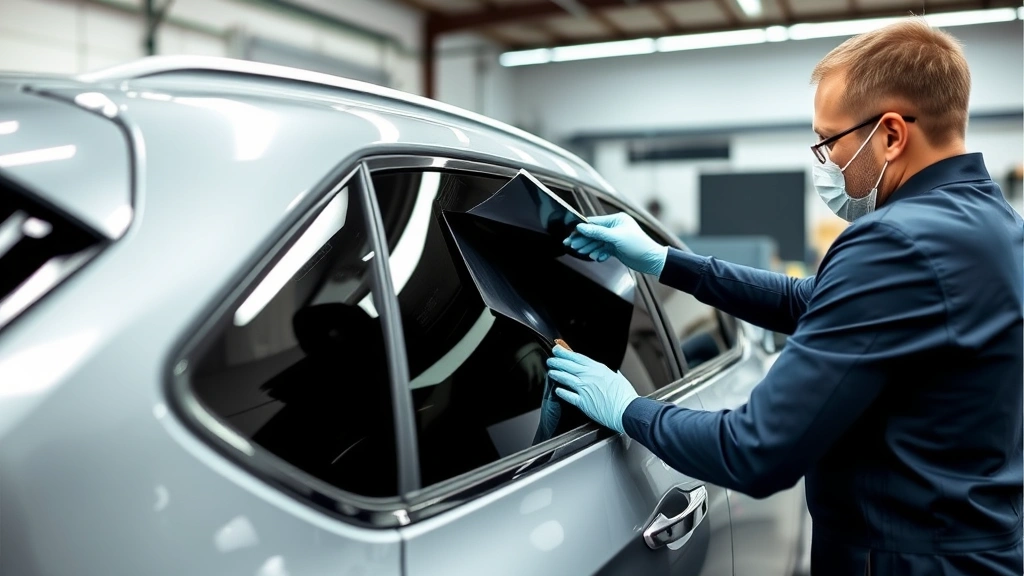 Professional window tinting technician applying dark tint film to a car's rear side window using precision tools and squeegee, showing careful application technique in modern auto shop setting