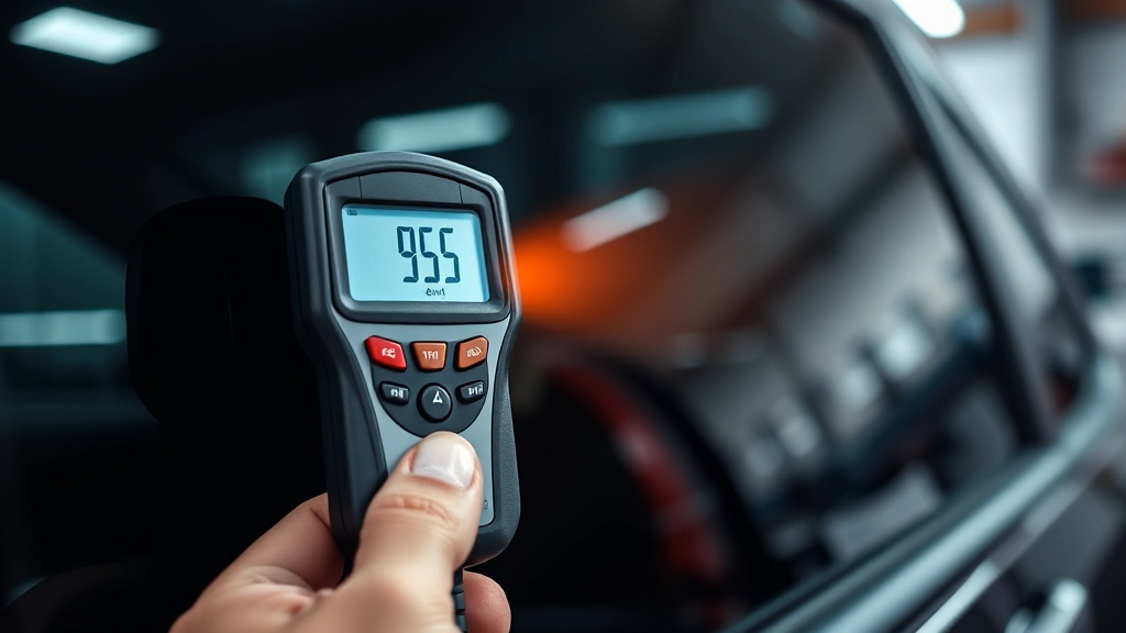 Close-up of a light meter device measuring window tint darkness levels on a vehicle window, with technician's hand holding instrument against glass in professional automotive facility
