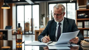 Professional male attorney in business suit reviewing whiskey production facility compliance documents at modern law office desk with bourbon bottle visible