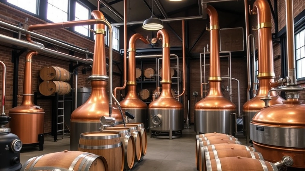 Interior of craft whiskey distillery showing copper stills, oak barrels, and fermentation equipment with professional lighting and industrial setting