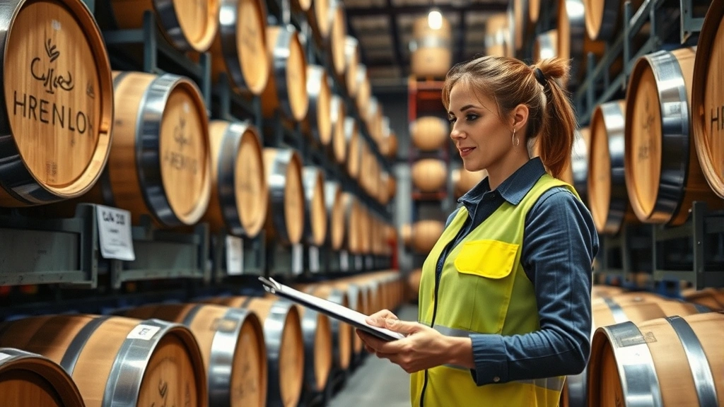Female compliance officer conducting inspection of spirits warehouse with clipboard, checking barrel inventory and production records in temperature-controlled storage facility