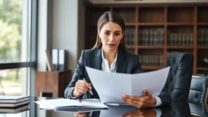 Professional female attorney in business suit reviewing contract documents at desk in modern law office, serious expression, natural lighting