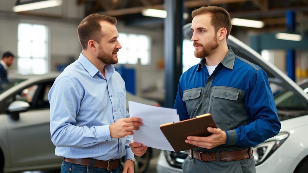 Male consumer speaking with male auto mechanic in service center, holding clipboard with repair documentation, both in professional work attire
