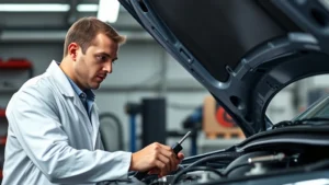 Professional automotive mechanic in white lab coat examining car engine components under hood with diagnostic tools, serious focused expression, bright workshop lighting