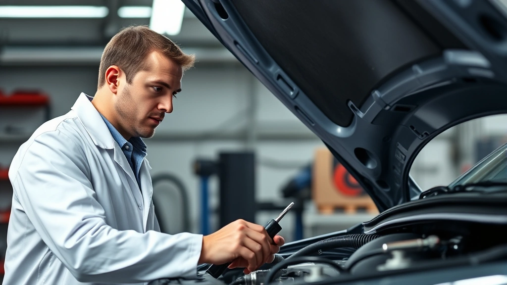 Professional automotive mechanic in white lab coat examining car engine components under hood with diagnostic tools, serious focused expression, bright workshop lighting