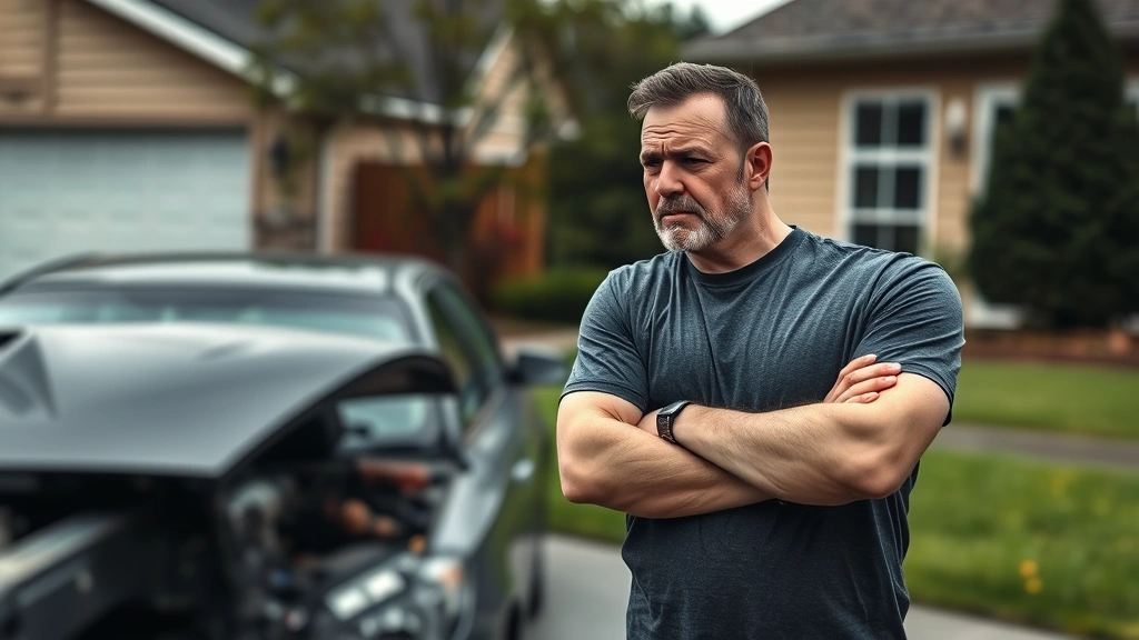 Frustrated car owner standing beside defective vehicle in driveway, arms crossed, contemplative expression, suburban home setting, overcast natural lighting