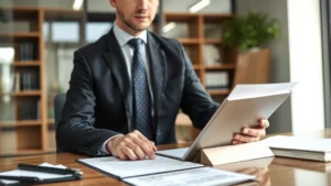 Professional attorney in business suit reviewing vehicle inspection documents at modern law office desk with tablet and paperwork visible