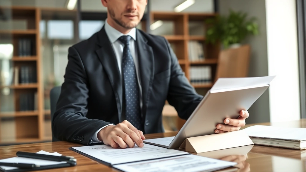 Professional attorney in business suit reviewing vehicle inspection documents at modern law office desk with tablet and paperwork visible