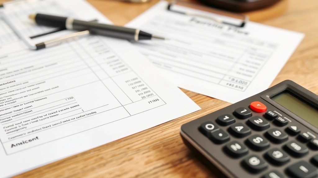 Close-up of automotive service records and repair receipts organized with pen and calculator on wooden desk surface