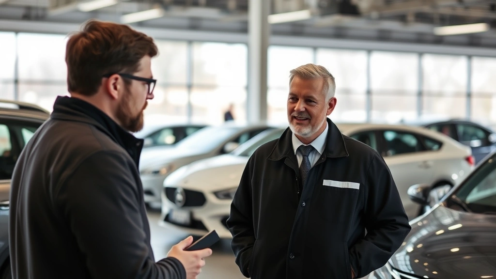 Customer speaking with car dealership service manager in showroom with new vehicles visible in background through windows