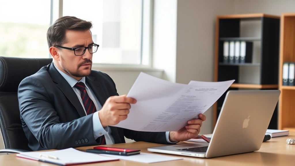 Professional male attorney in business suit reviewing vehicle repair documents at office desk with laptop, serious expression, modern law office background, natural lighting