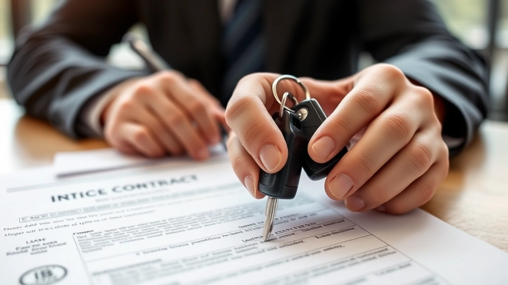 Close-up of hands holding vehicle keys and car purchase contract with pen, professional setting, soft focused background, daylight through office windows