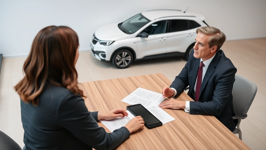 Female consumer speaking with manufacturer representative across table with vehicle paperwork and tablet, professional mediation setting, neutral background, business attire