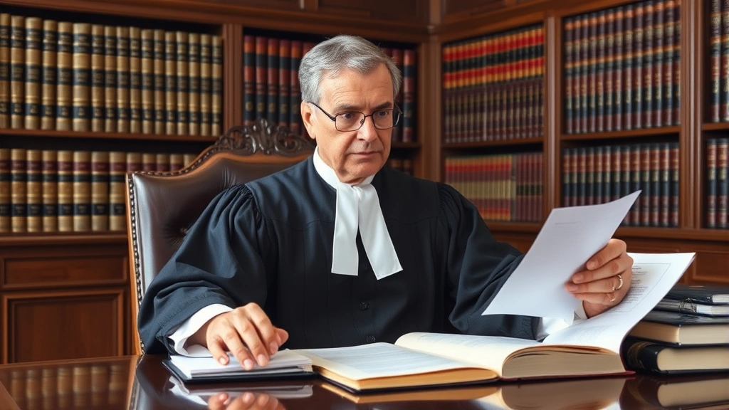 Professional judge in formal robes reviewing legal documents at an ornate wooden desk in a law library, surrounded by leather-bound law books, natural courtroom lighting, serious contemplative expression analyzing case materials