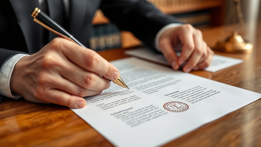 Close-up of hands signing an important legal contract with fountain pen on official document, notary seal visible, law office background with shelves of legal references, formal professional documentation scene