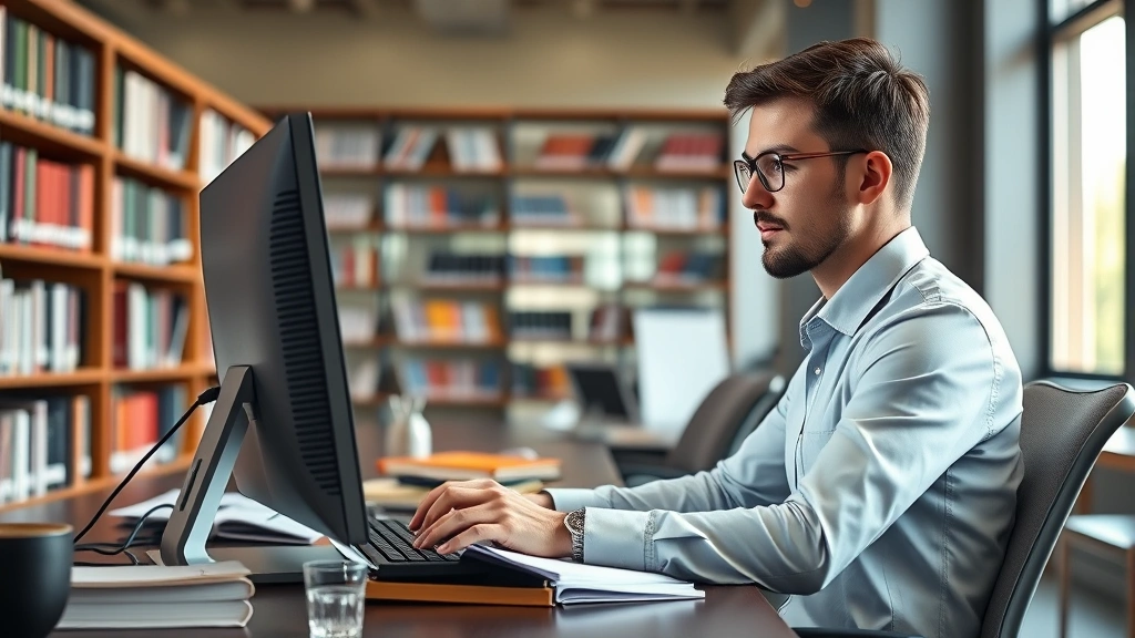 Professional law student studying at library computer desk with legal research materials, focused expression, natural lighting from windows, modern law library environment, photorealistic