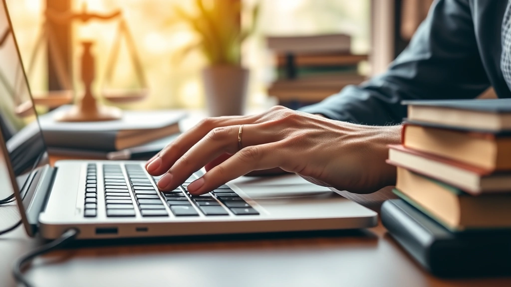 Closeup of hands typing on keyboard during legal research session, multiple law books stacked nearby, professional workspace setup, warm office lighting, photorealistic