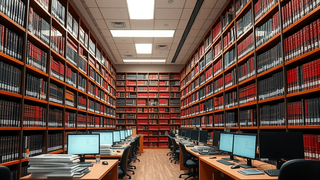 Law library interior showing rows of legal databases and reference materials, modern computer workstations, professional legal environment, bright overhead lighting, photorealistic
