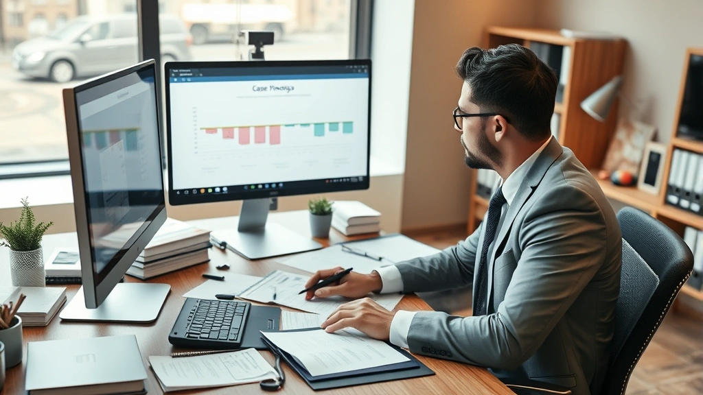 Professional lawyer reviewing case files and timeline charts on computer screen, organized desk with organized legal documents, modern law office environment with warm lighting