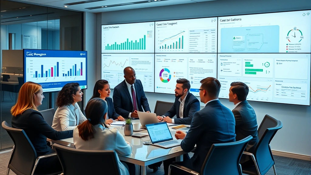 Diverse legal team collaborating in modern conference room with large display screens showing case management metrics, analytics dashboards, and workflow diagrams, professional attire