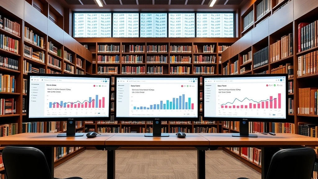 Law library with modern practice management software interface displayed on multiple monitors showing case queue data, arrival rates, and average processing times in clean dashboard format